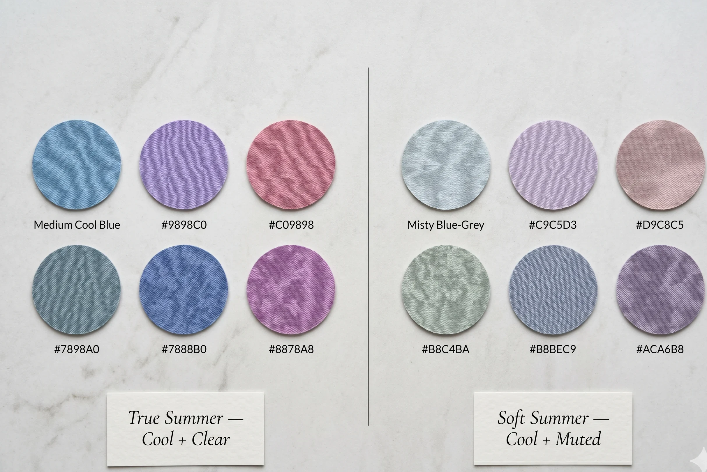 Side-by-side yarn palette comparison of True Summer (cool, medium saturation, clear colours) versus Soft Summer (same hues greyed-down to muted, dusty quality) — illustrating the single defining difference between true summer vs soft summer