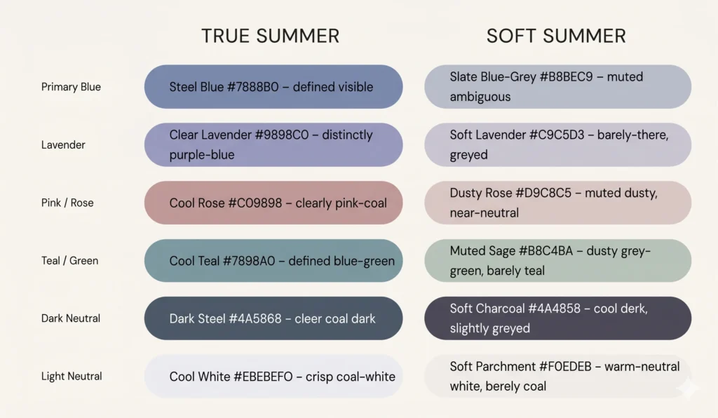 Notice the pattern: every Soft Summer colour is the True Summer version with grey mixed in. The hue is the same family. The grey modification changes everything — reducing chroma, softening clarity, and creating the blended, dusty quality that distinguishes Soft Summer from its crisper sibling.this image represents a side by side color palette comparison of true summer with soft summer.