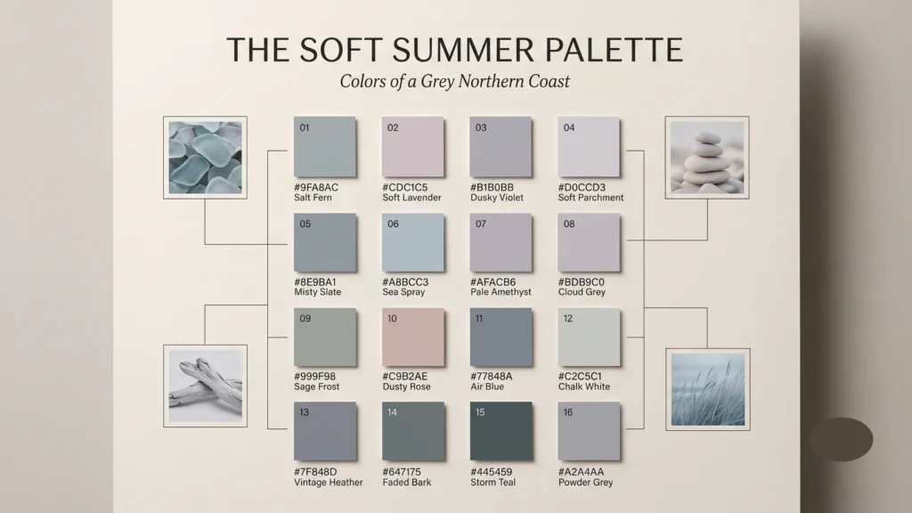 The 16 most prominent colors of soft summer palette .