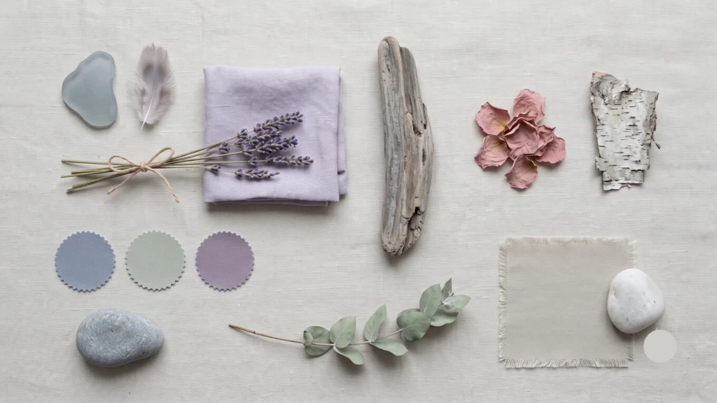 Soft Summer color palette moodboard showing sea glass, dove feathers, dried lavender, dusty rose petals, silver birch bark, and fabric swatches in misty blue-grey, soft lavender, slate blue, muted sage, and dusky violet — the complete cool, muted, medium-contrast soft summer colour palette in natural objects