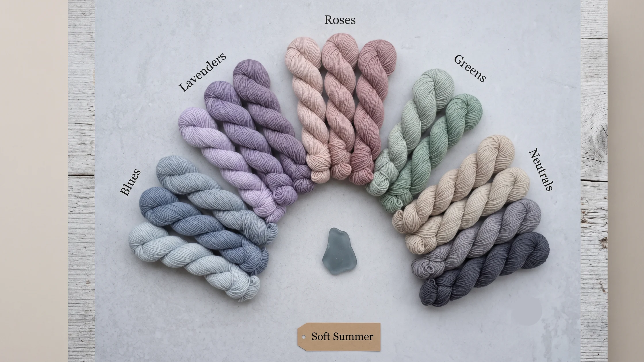 "Complete Soft Summer color palette shown as a fan arrangement of fifteen yarn hanks organised in family groups — blues, lavenders, roses, greens, and neutrals — all muted, cool-toned, and medium-light in value, with a single grey-blue sea glass at centre"
