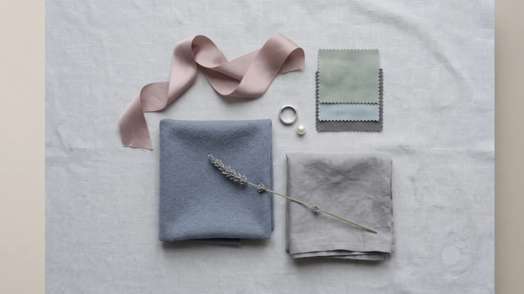Soft Summer capsule wardrobe objects — slate blue cashmere fabric, dusty rose silk ribbon, muted sage swatch, misty blue-grey linen, soft charcoal fabric, brushed silver ring, pearl button, and dried lavender — illustrating the muted cool textile world of the soft summer color palette"