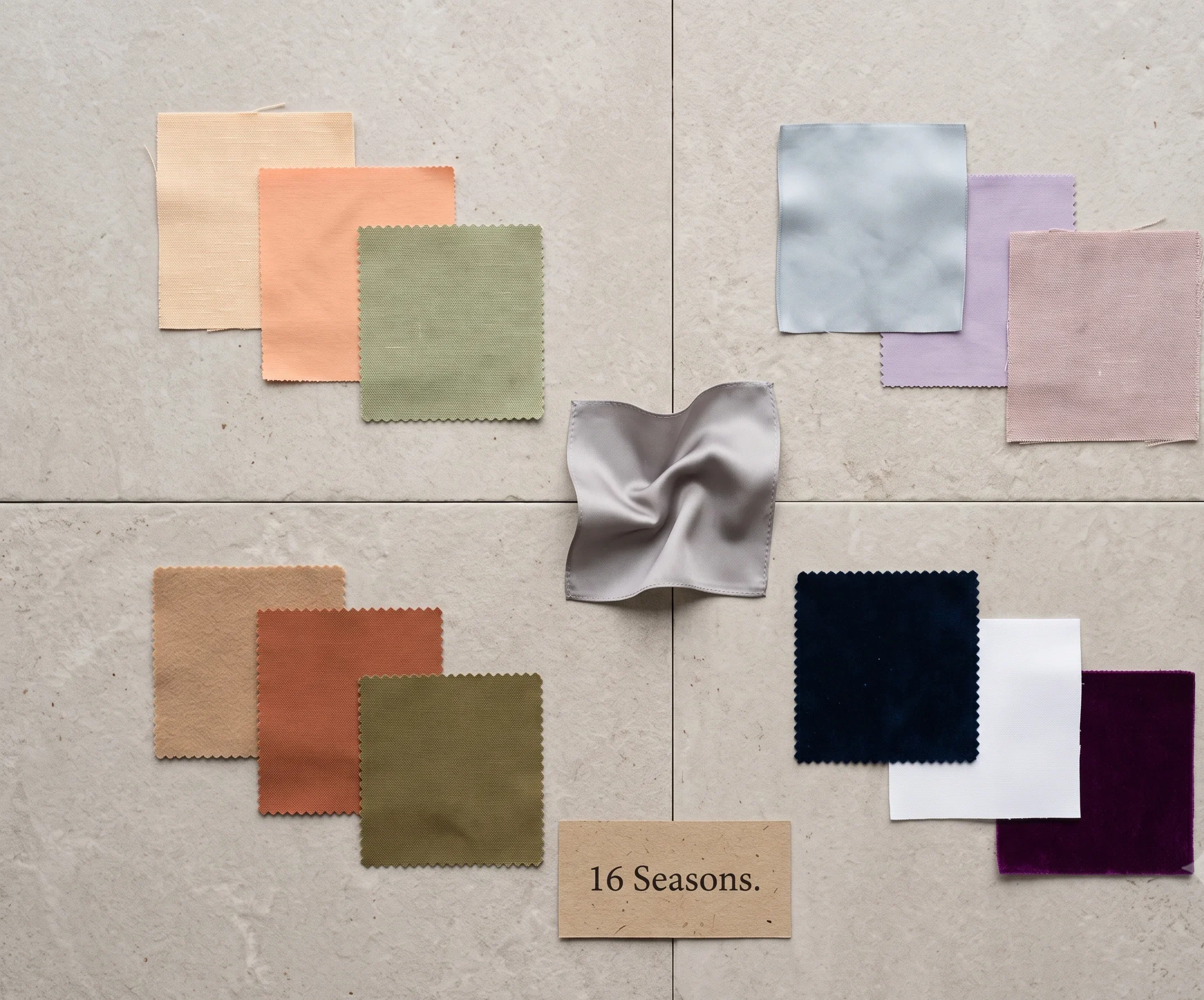 The four seasonal color analysis families shown as fabric swatch clusters — warm Spring pastels, cool muted Summer greys, warm Autumn earth tones, and cool deep Winter darks — arranged around a central neutral silk in a seasonal color analysis reference flat-lay