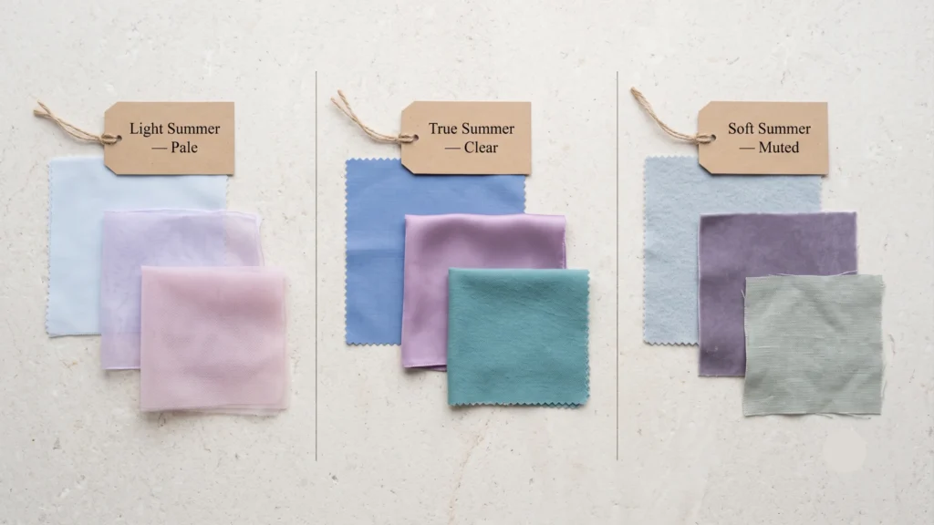 Side-by-side comparison of the three Summer sub-season palettes — Light Summer icy pastels (powder blue, pale lavender), True Summer clear medium tones (cornflower blue, soft orchid, cool teal), and Soft Summer muted blended shades (misty blue-grey, dusky violet, muted sage) — showing the saturation spectrum of the Summer colour family