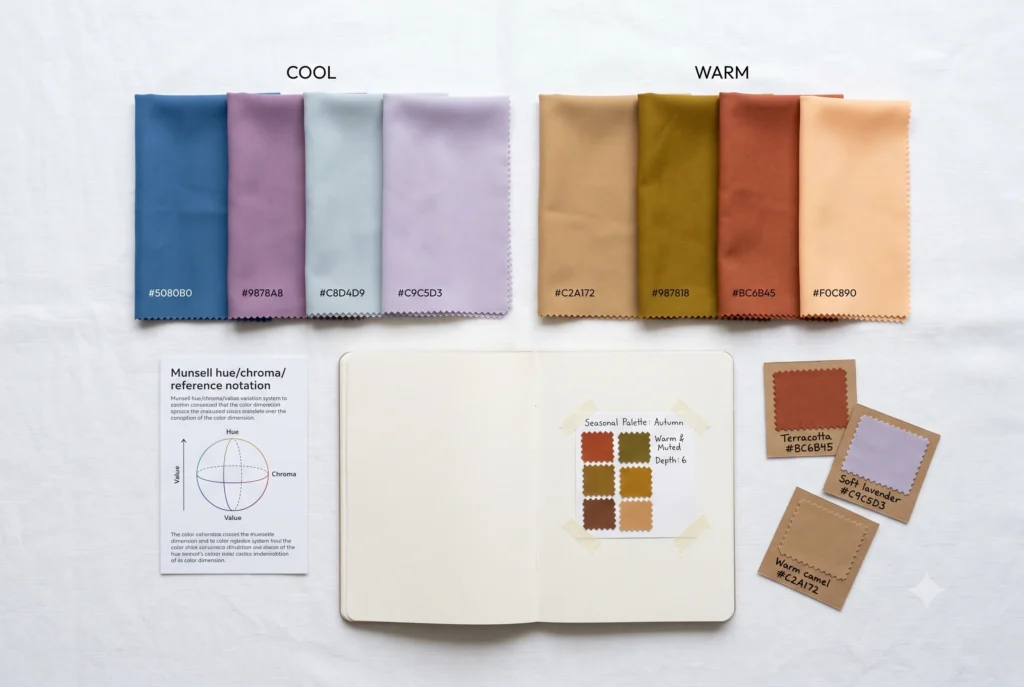 Professional seasonal color analysis drapting tools — cool fabric swatches (blue, mauve, misty grey) beside warm fabric swatches (camel, olive, terracotta), alongside a Munsell reference card and colour analysis journal with season swatch annotations