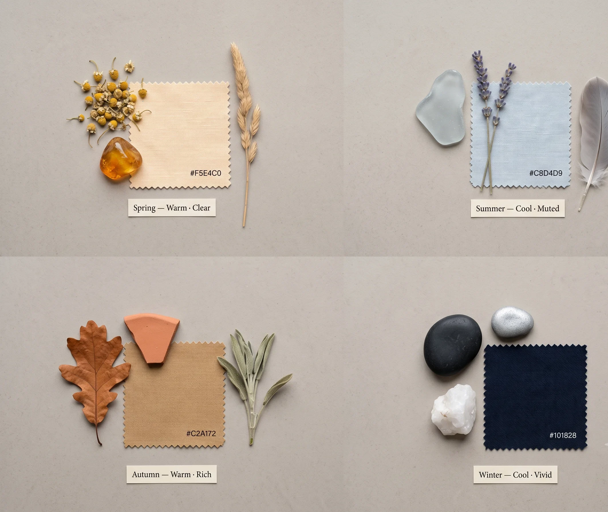 Four natural object clusters representing the seasonal color analysis families — warm Spring with chamomile and amber, cool Summer with sea glass and lavender, warm Autumn with oak leaf and terracotta, cool Winter with dark river stone and white quartz — a visual guide to seasonal colour temperature and character
