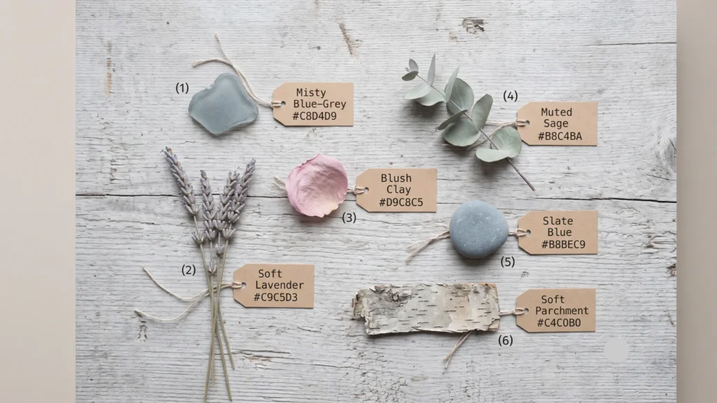 Six natural objects illustrating the Soft Summer color palette — grey-blue sea glass, dried lavender, dusty rose petal, eucalyptus sprig, grey-blue river stone, and silver birch bark — each beside a small kraft label showing its corresponding soft summer palette hex colour