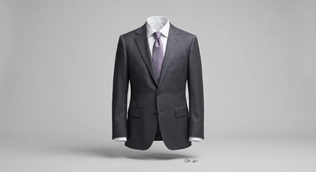 A soft charcoal suit jacket with cool white shirt and dusky violet tie shown in ghost-mannequin style, illustrating a Soft Summer men's black-tie outfit