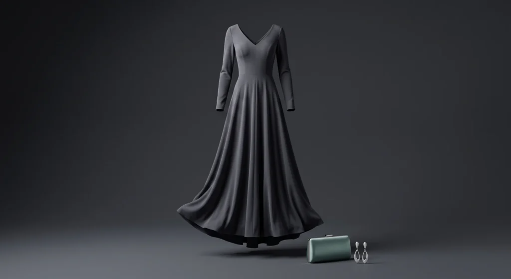 A soft charcoal floor-length evening gown with a muted teal-green clutch and silver earrings shown in ghost-mannequin style, illustrating a Soft Summer black-tie alternative to black
