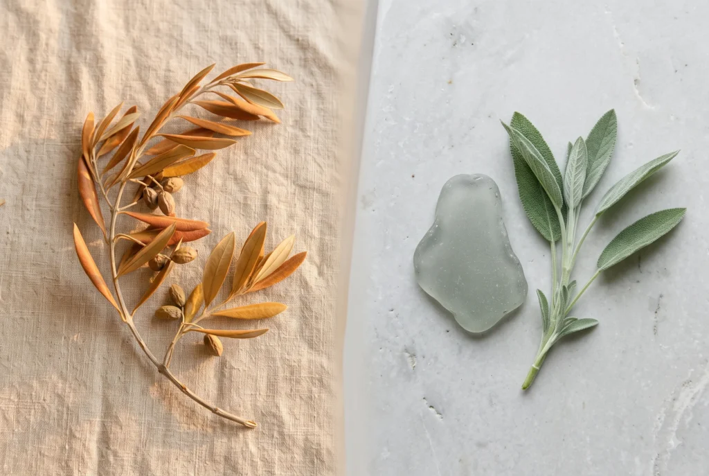 Split image comparing a warm dried olive branch on oatmeal linen against cool sage sprig and sea glass on grey stone, illustrating the temperature difference between Soft Autumn olive and Soft Summer green