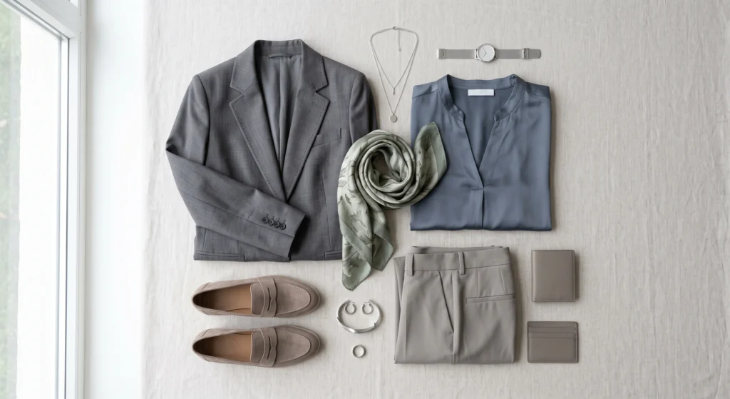 A curated Soft Summer capsule wardrobe flat-lay featuring a soft charcoal blazer, slate blue blouse, greige trousers, and brushed silver accessories.