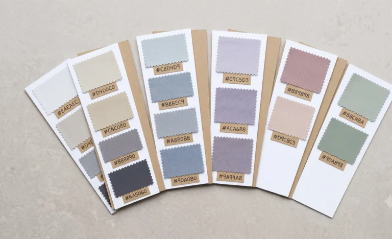 Complete Soft Summer color palette card showing sixteen fabric swatches organised into five families — neutrals, blues, purples, pinks, and greens — each labelled with its hex code, styled as a professional reference swatch deck