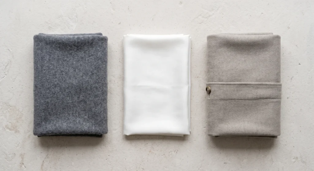 A flat-lay knolling arrangement of soft charcoal cashmere, cool white silk, and greige linen fabrics demonstrating ideal Soft Summer darks and neutrals.