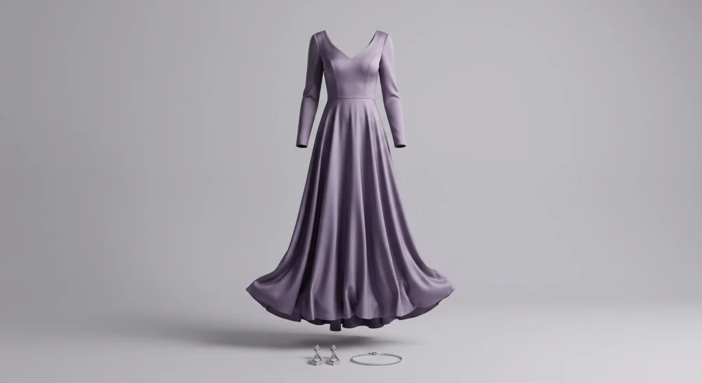 A dusky violet floor-length evening gown shown in ghost-mannequin style with natural drape, paired with brushed silver jewellery, illustrating a Soft Summer formal occasion outfit
