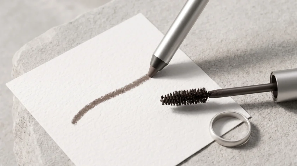 A cool taupe-brown eyeliner pencil and brown-black mascara wand resting on stone, demonstrating the best everyday Soft Summer makeup products.