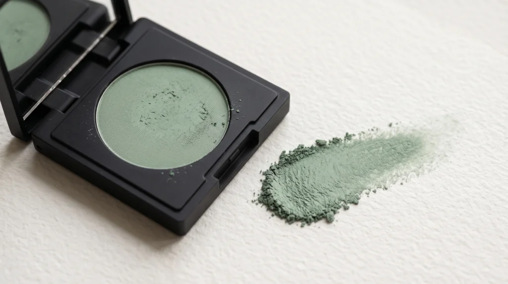 Macro shot of an unbranded matte black eyeshadow compact featuring soft fern green powder with a pigment smudge on textured paper, representing the ideal Soft Summer makeup shade.