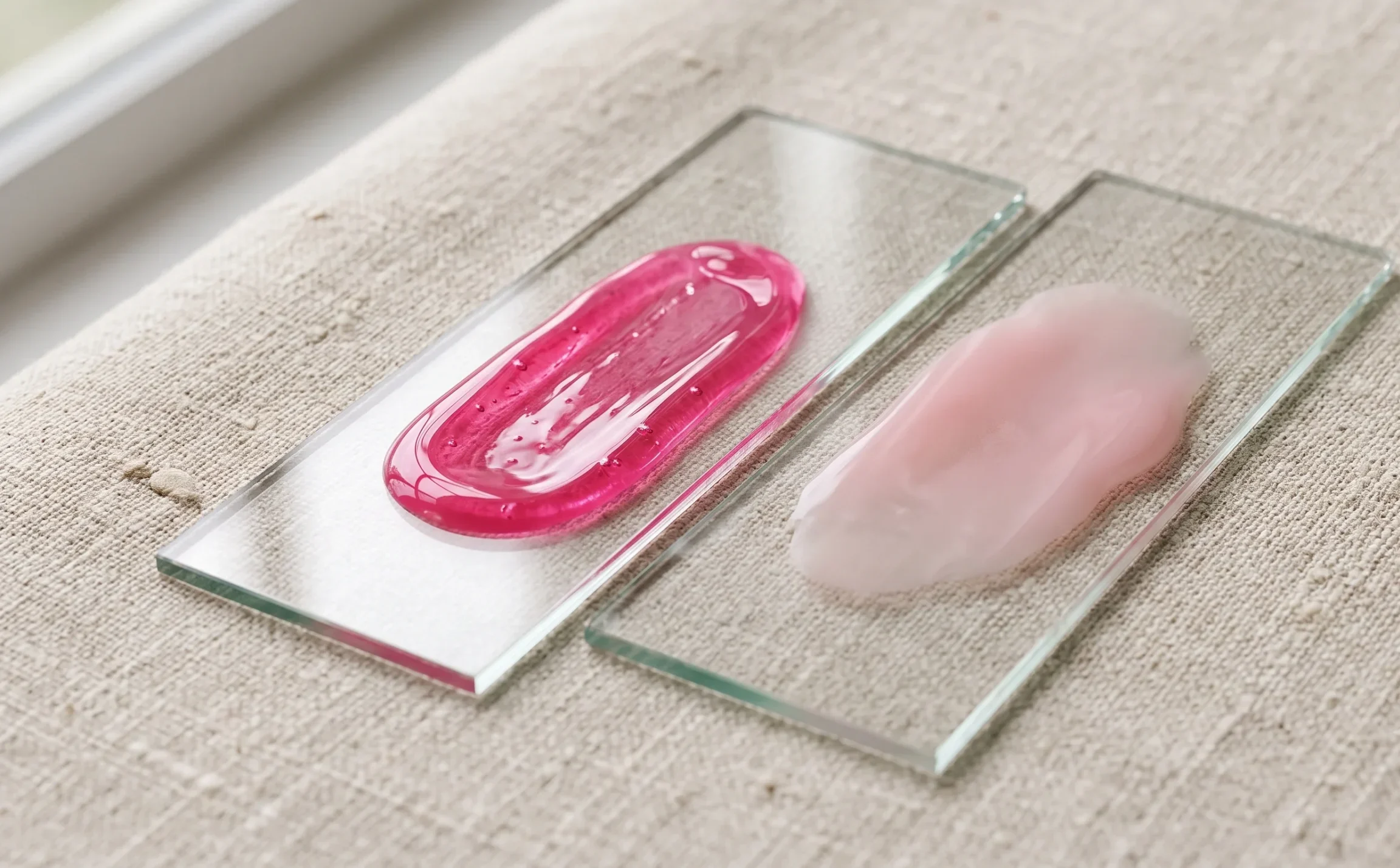 Side-by-side macro comparison of a bright jelly pink polish versus a diffused milky pink polish, illustrating why jelly colors are too bright for Soft Summer.