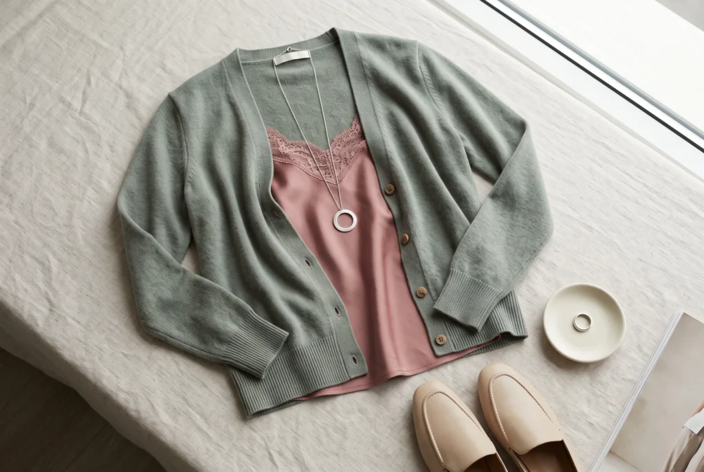 Editorial flat-lay of a muted sage green wool cardigan over a dusty rose silk camisole with a brushed silver necklace, demonstrating a highly wearable Soft Summer outfit color combination.