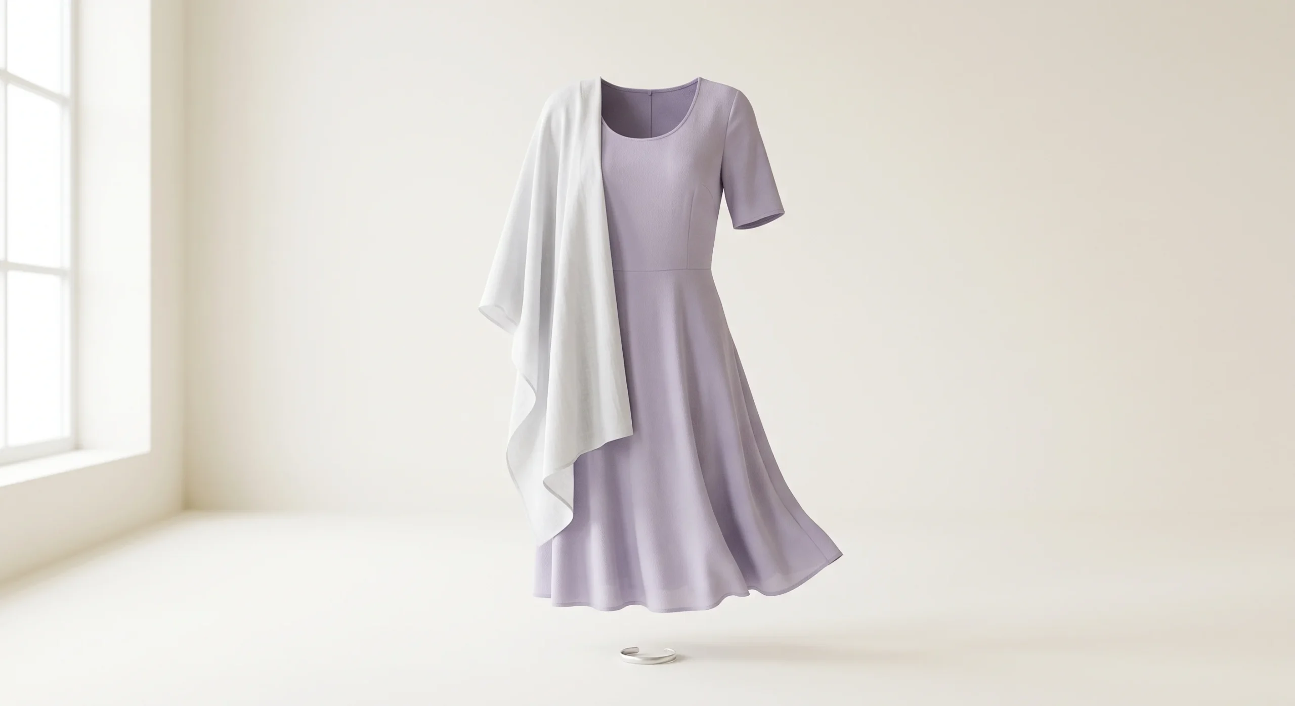A soft lavender daytime dress with a cool white wrap shown in ghost-mannequin style, illustrating a Soft Summer spring wedding guest outfit