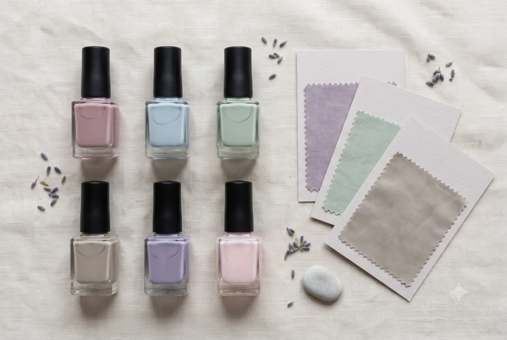 Soft summer nail polish colour palette flat-lay — unlabeled lacquer bottles and fabric swatches in dusty mauve, misty blue-grey, soft sage and greige, showing the muted, cool tones that define soft summer nail colors