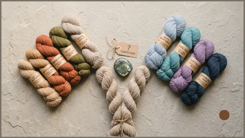Yarn hanks arranged in a forked path illustrating where warm summer color palette searches split — camel, terracotta and olive on the warm Soft Autumn path, misty blue-grey, cool teal and charcoal navy on the cool Summer path, with an ambiguous stone marking the confusion point