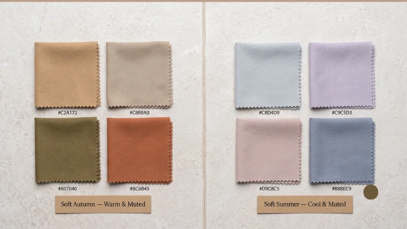 Warm-toned summer wardrobe objects including sand linen fabric, terracotta clay beads, woven straw material, warm coral ribbon, and tan leather sandal straps — illustrating warm summer color palette clothes as a styling choice rather than a personal colour season