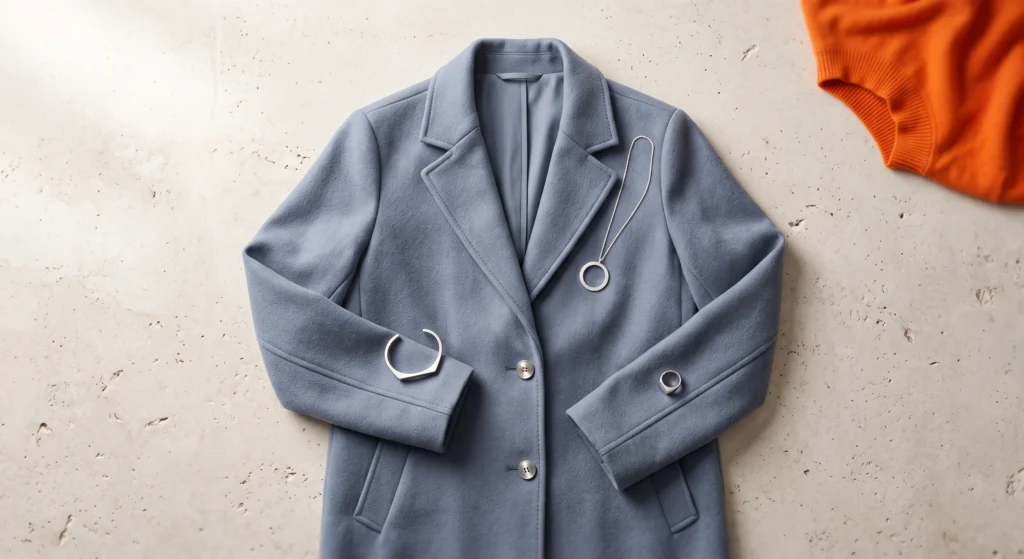A slate blue wool coat in sharp focus with silver jewellery, beside a vivid orange garment pushed to the blurred edge of frame, illustrating which colours suit soft summer and which don't