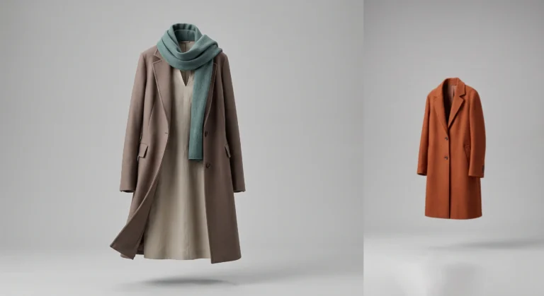 A cool mushroom-brown and warm greige autumn outfit shown in sharp focus, beside a warm rust-orange coat pushed to the blurred edge of frame, illustrating the correct versus tempting autumn colour choice for soft summer