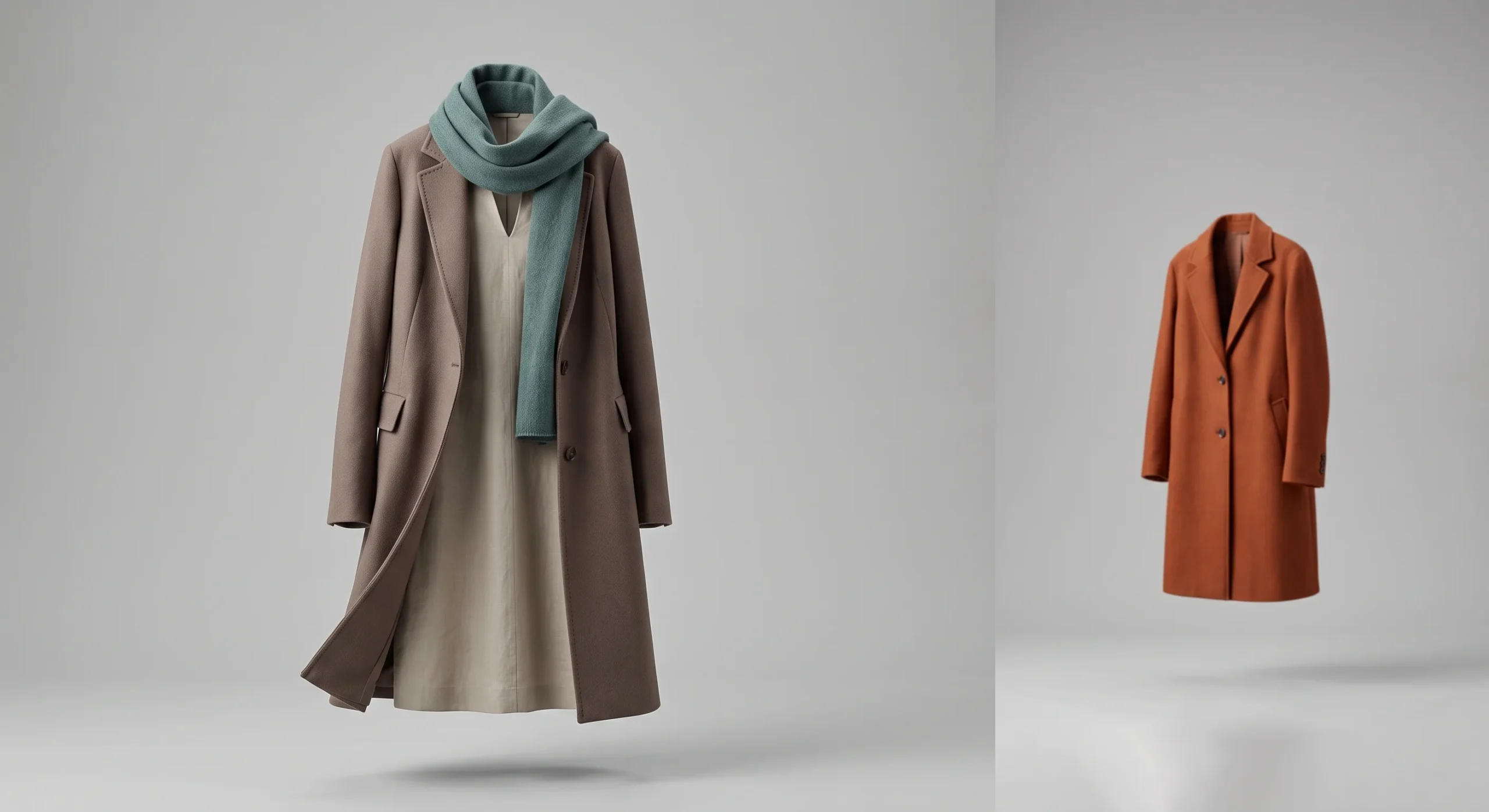 A cool mushroom-brown and warm greige autumn outfit shown in sharp focus, beside a warm rust-orange coat pushed to the blurred edge of frame, illustrating the correct versus tempting autumn colour choice for soft summer