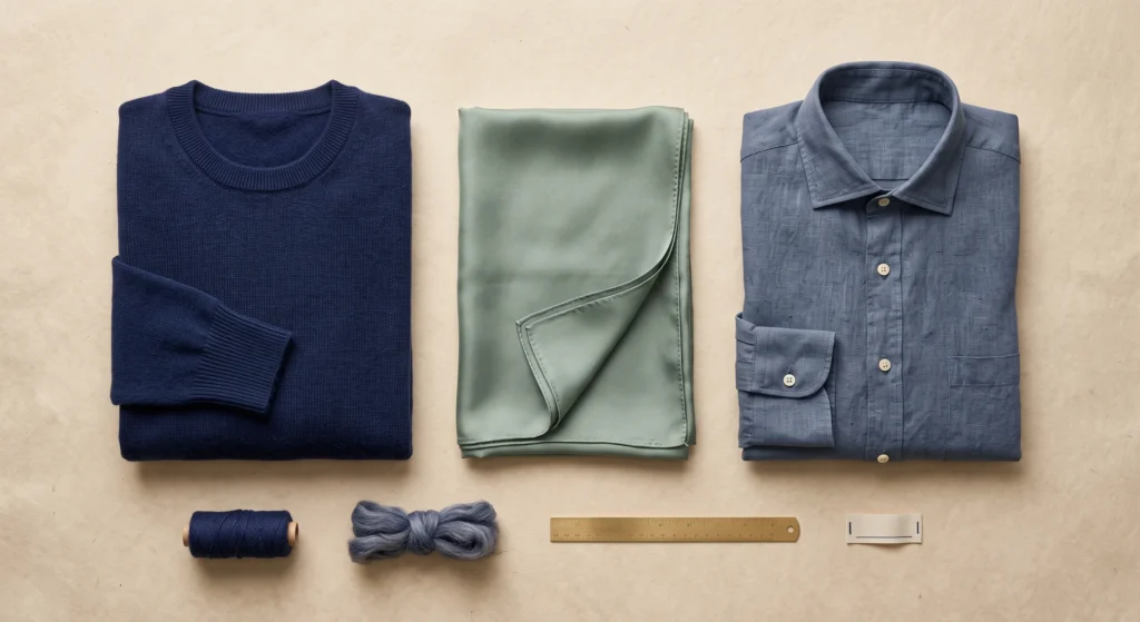 Neatly folded knitwear and silk in navy, muted sage green, and slate blue, representing the most flattering cool and muted colours for a Soft Summer wardrobe