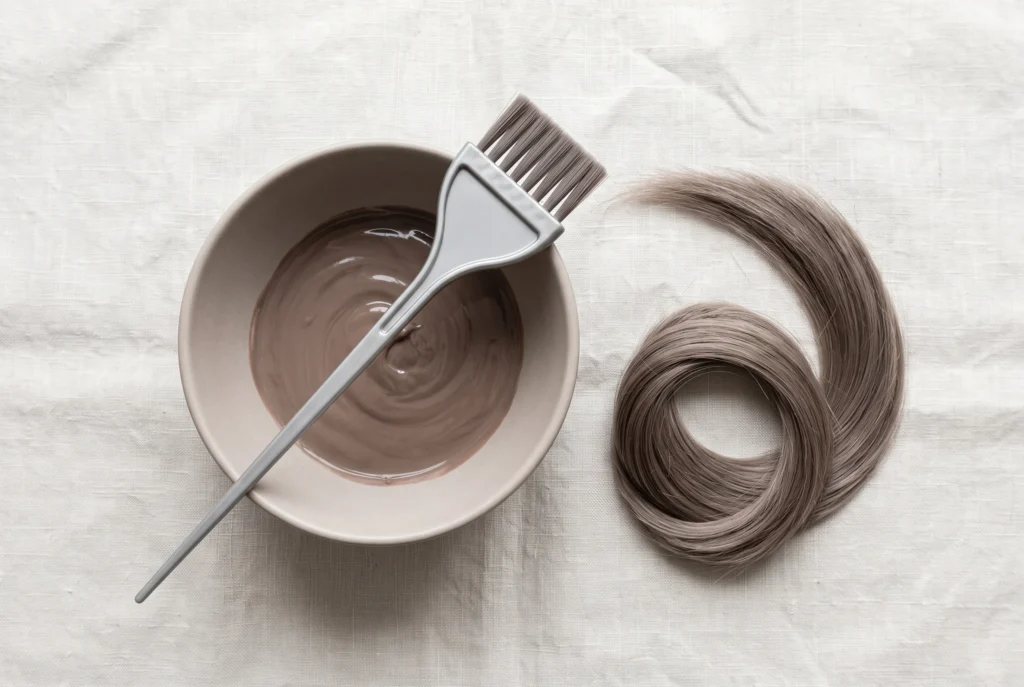 A salon mixing bowl with cool ash-brown hair dye and a silver tinting brush, representing the ideal mushroom brown hair color for the Soft Summer palette.
