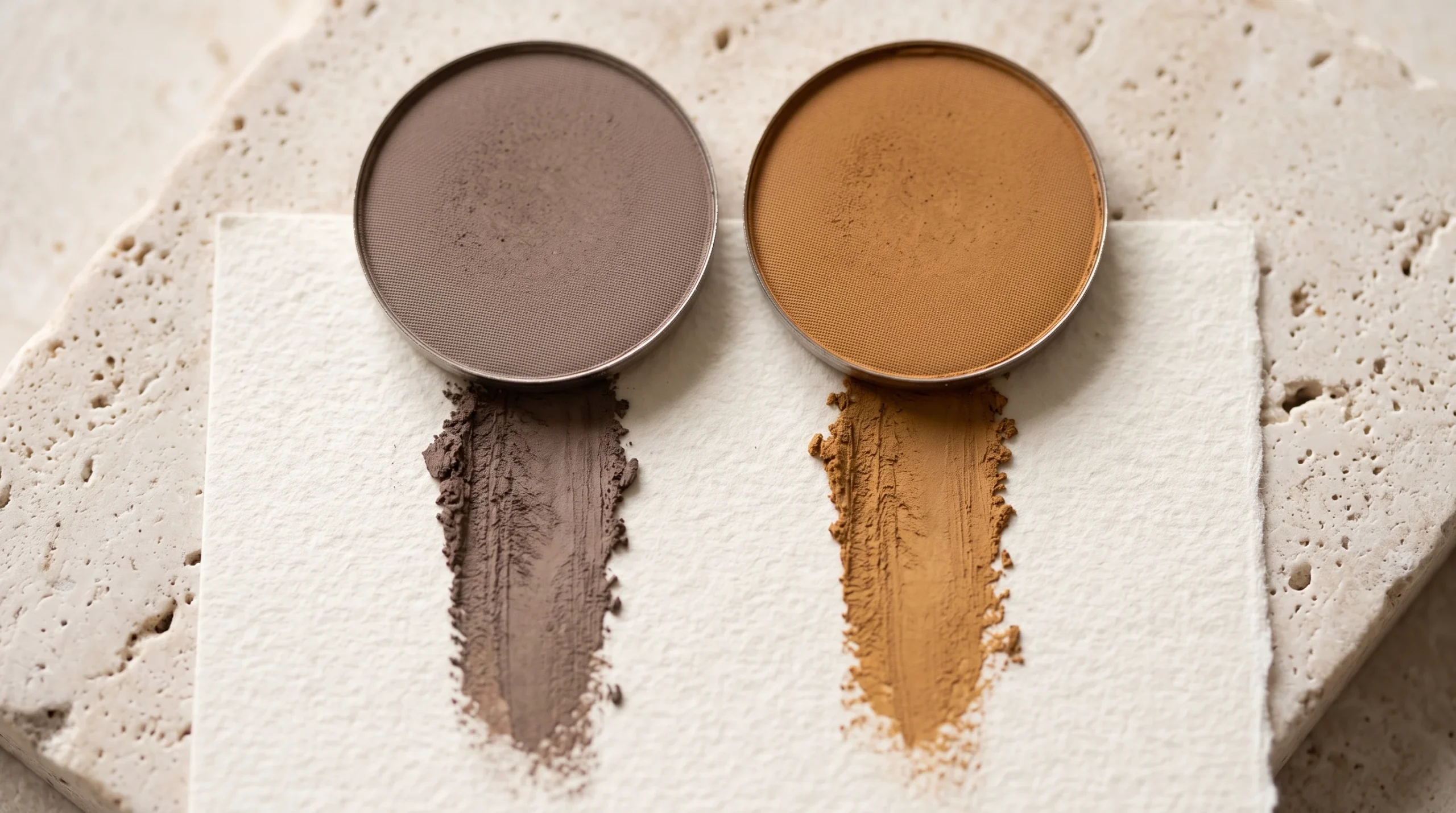 Macro comparison of a cool mushroom-brown makeup pigment next to a warm amber-brown pigment, showing the undertone difference for Soft Summer coloring.