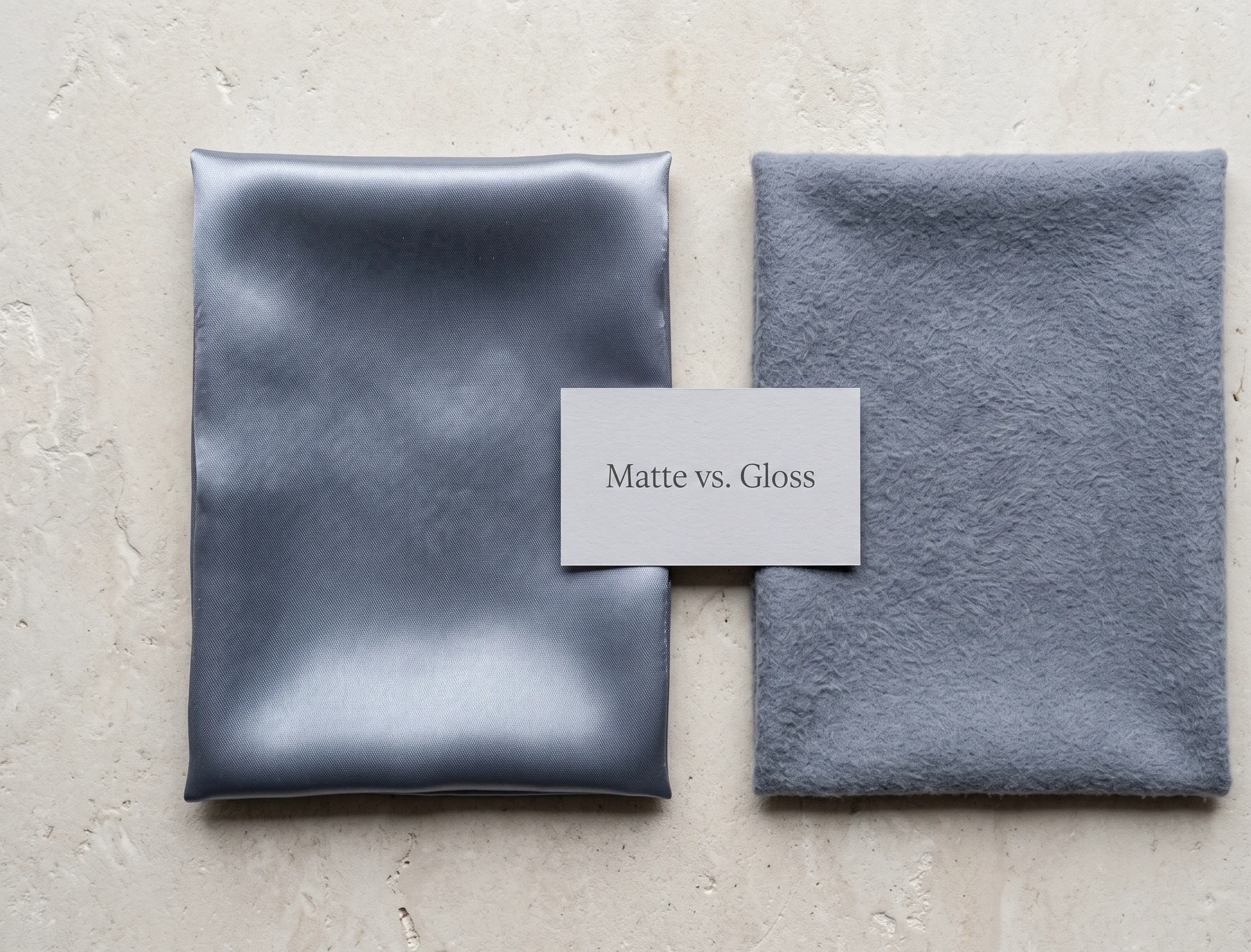 Side-by-side fabric comparison showing a glossy satin slate blue-grey swatch throwing hard reflections next to a matte, brushed flannel swatch in the exact same color — illustrating why high-shine textures must be avoided in soft summer clothes.