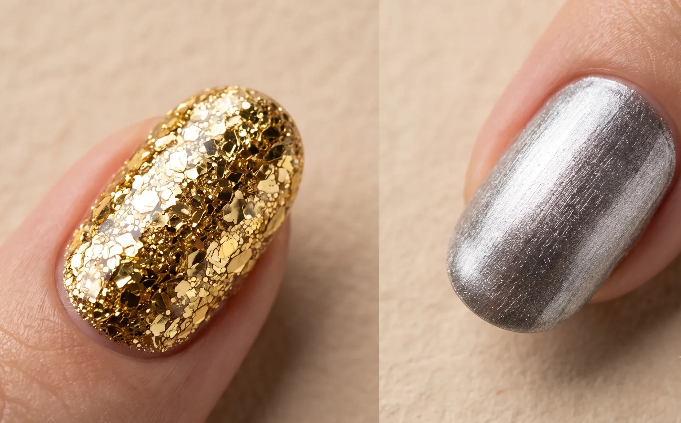 Comparison of warm yellow gold glitter polish against cool pewter silver shimmer for Soft Summer seasonal color testing.