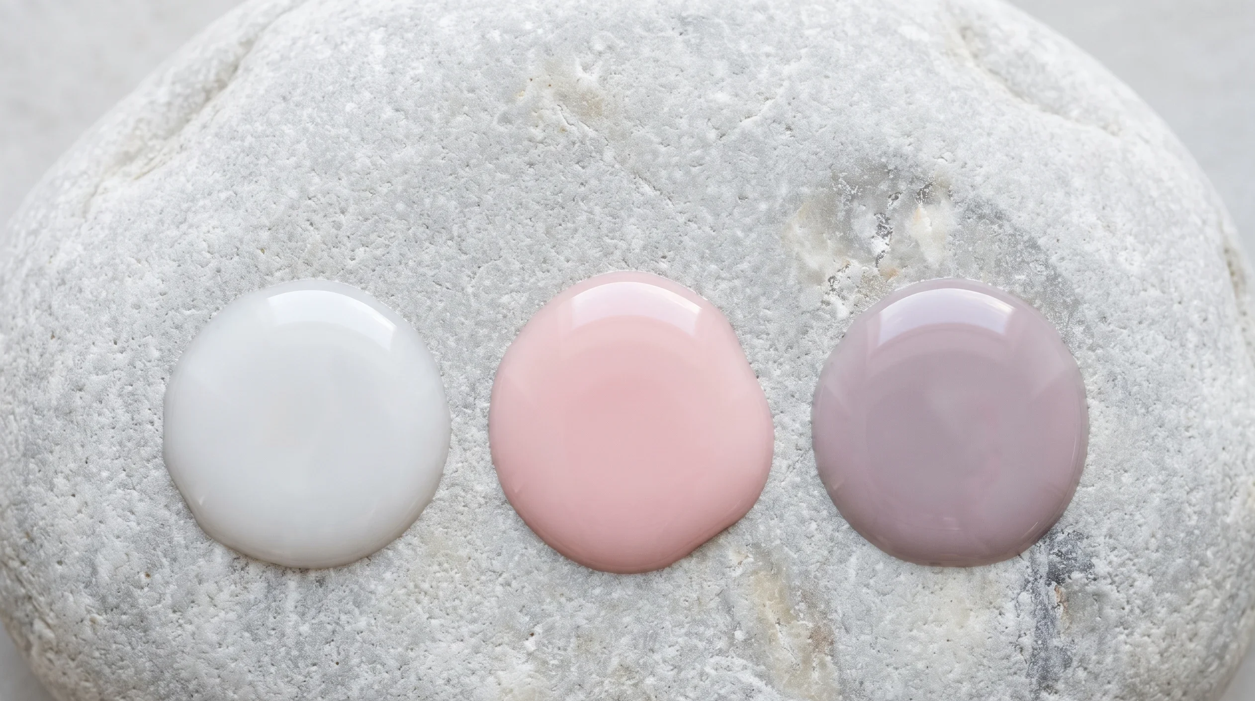 Close-up macro texture of sheer milky white, milky pink, and milky mauve nail polish pooled on a smooth grey stone.