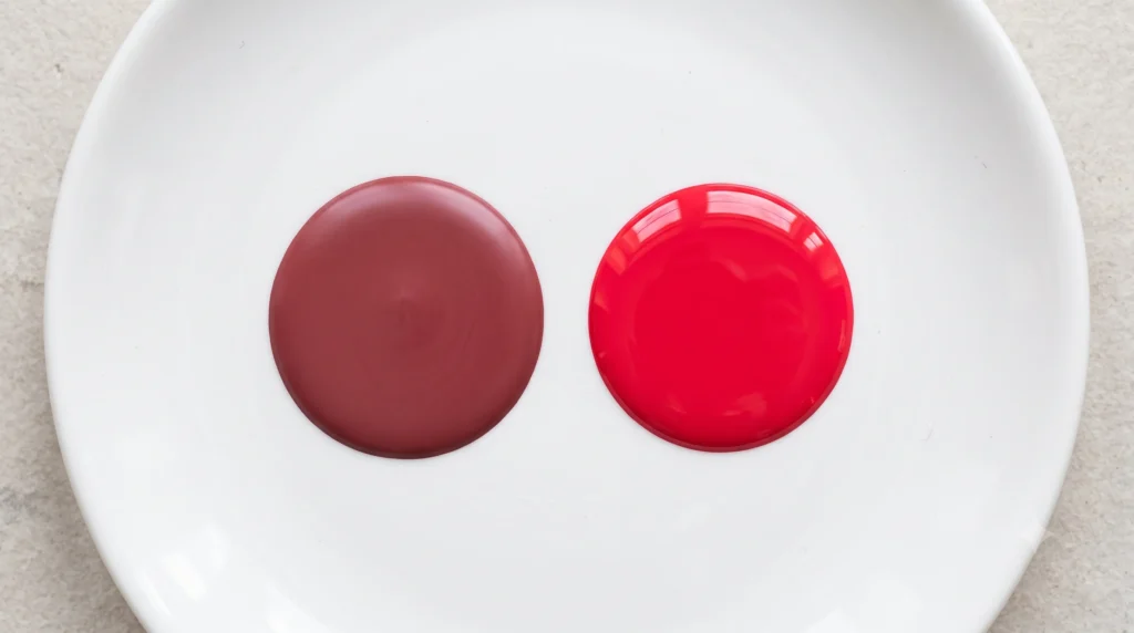 Comparison of two red nail polishes: a correct muted dusty wine red versus an incorrect bright neon cherry red.
