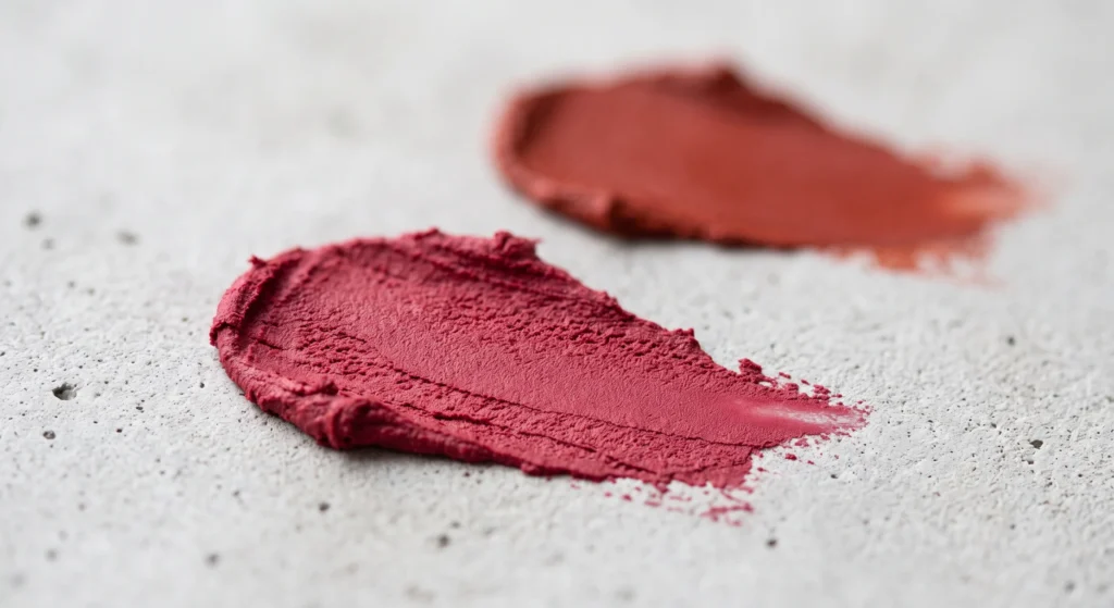 A cool raspberry red lipstick smear in sharp focus next to a blurred warm brick red lipstick, showing the correct red makeup tones for the Soft Summer palette.