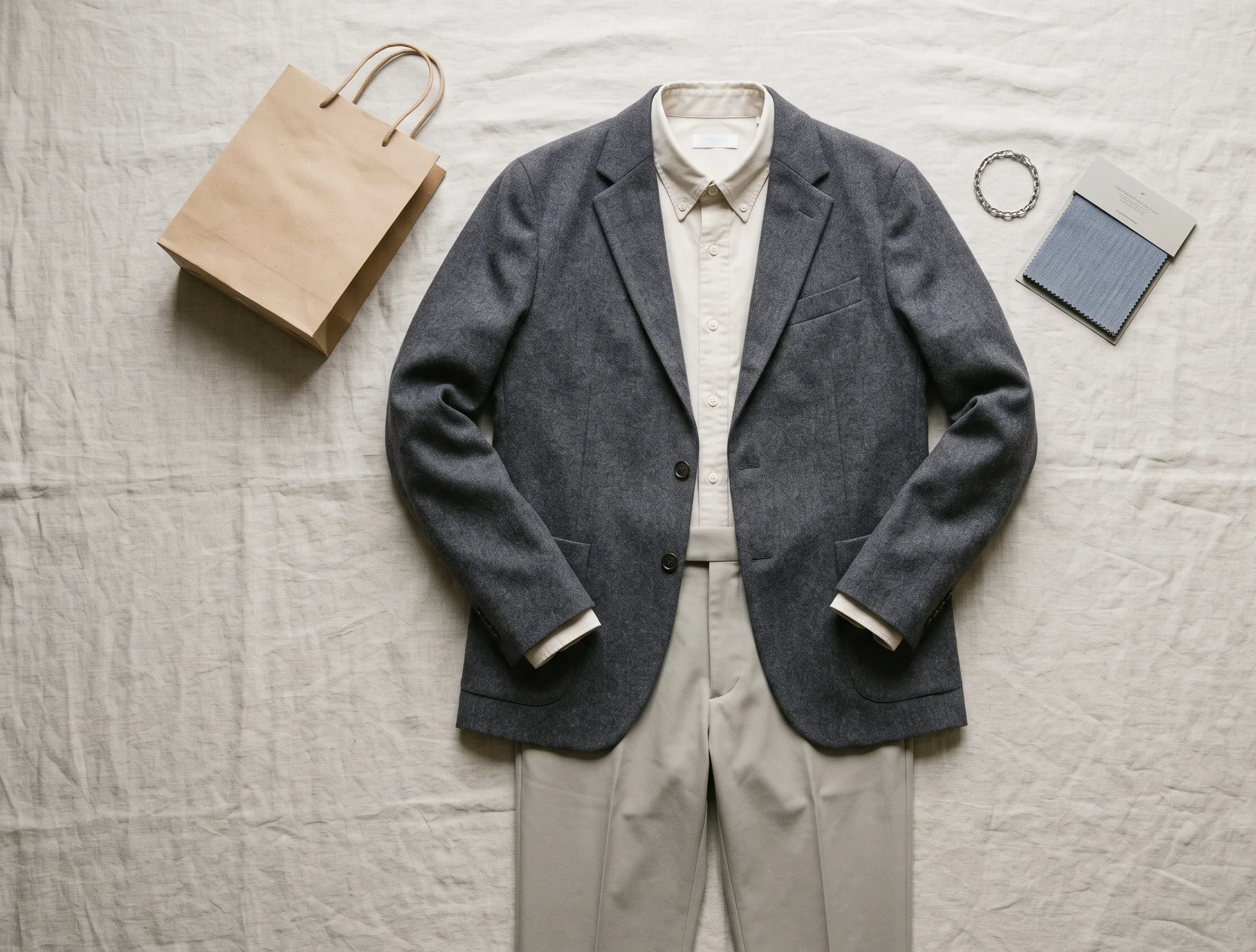 A complete soft summer clothes outfit laid flat — soft charcoal blazer, parchment shirt, and cool greige trousers — a shopping reference for the soft summer colour palette.