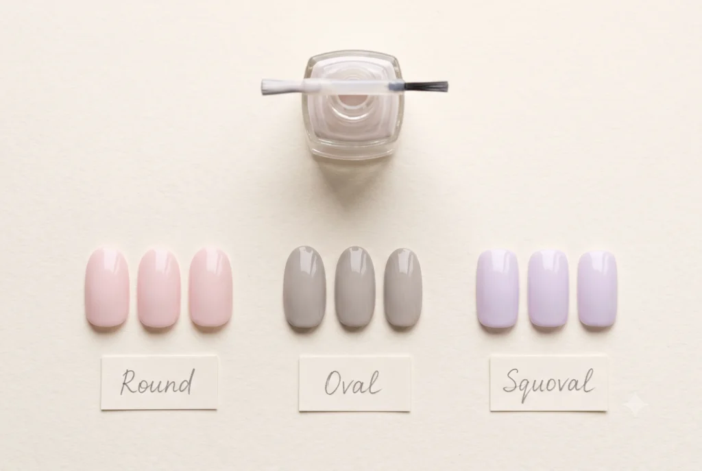Short round, oval and squoval nail shapes in milky pink, cool greige and milky lavender soft summer nail colours, comparing simple summer nail shapes side by side