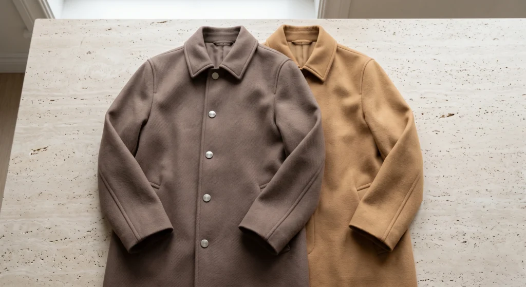 A cool mushroom-brown wool coat beside a warm golden camel coat, showing the temperature difference between a soft summer brown and camel
