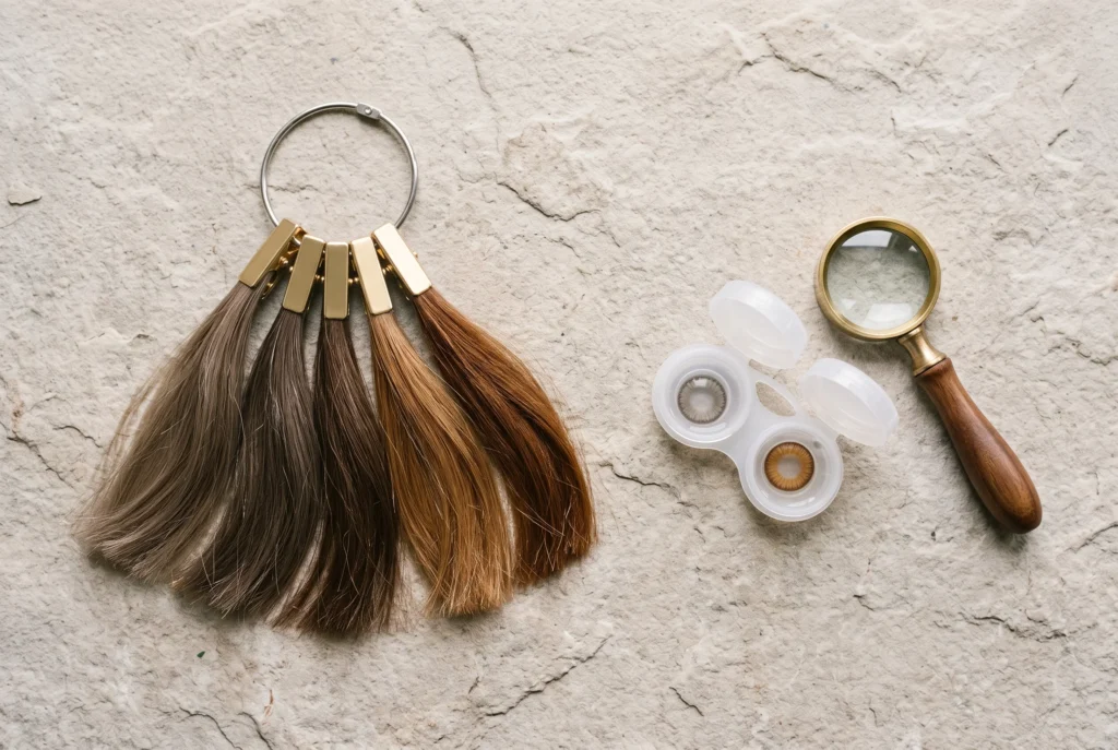 A hairdresser's brown hair colour swatch ring beside two coloured contact lenses in open cases — one cool grey-brown, one warm amber-brown — illustrating the two kinds of brown relevant to soft summer browns