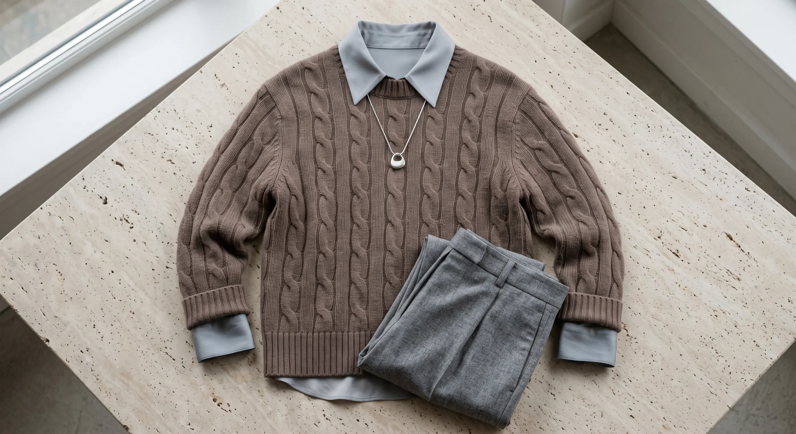 Cool mushroom-brown wool sweater layered over a misty blue-grey silk blouse with grey wool trousers and a minimalist silver necklace, styled as a soft summer browns outfit combination
