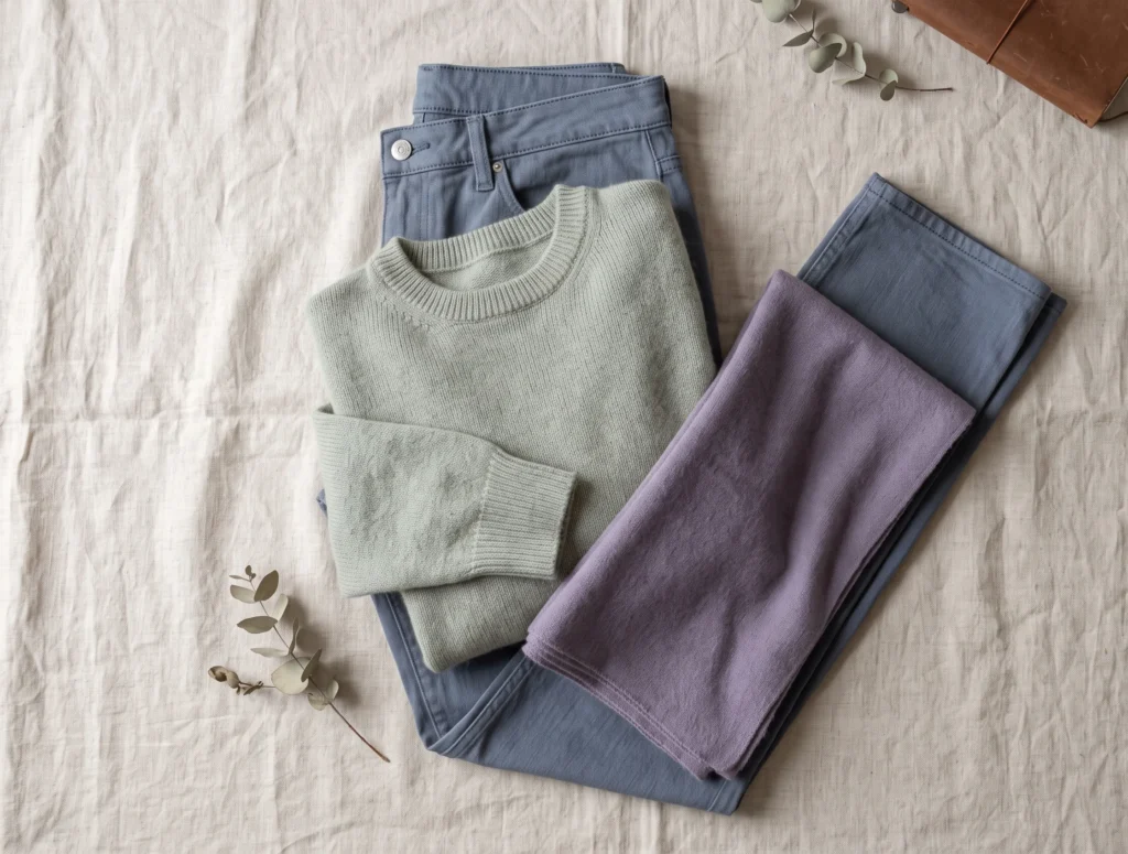 Muted sage knit jumper, slate blue-grey trousers, and a dusky violet scarf — everyday soft summer clothes for women flat-lay.