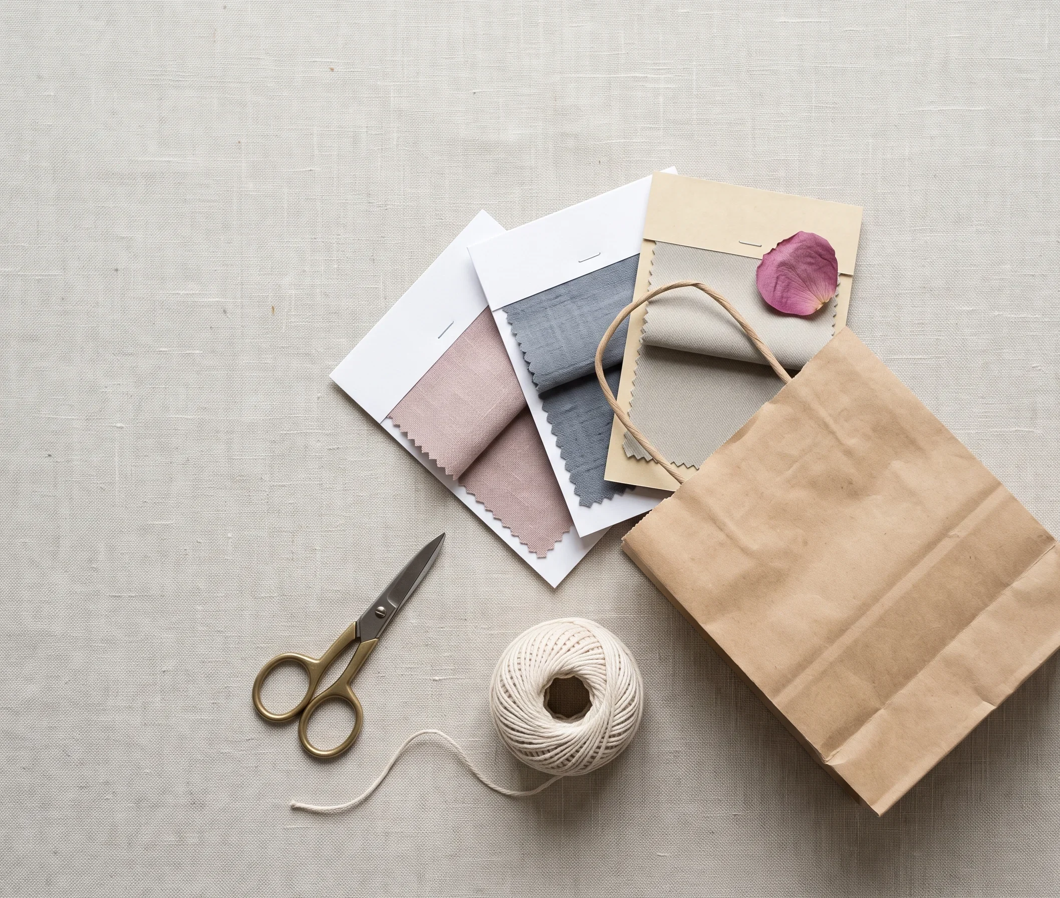 A shopping bag with dusty rose, slate blue-grey, and cool greige fabric swatches spilling out — a visual reference for shopping soft summer clothing brands and stores.