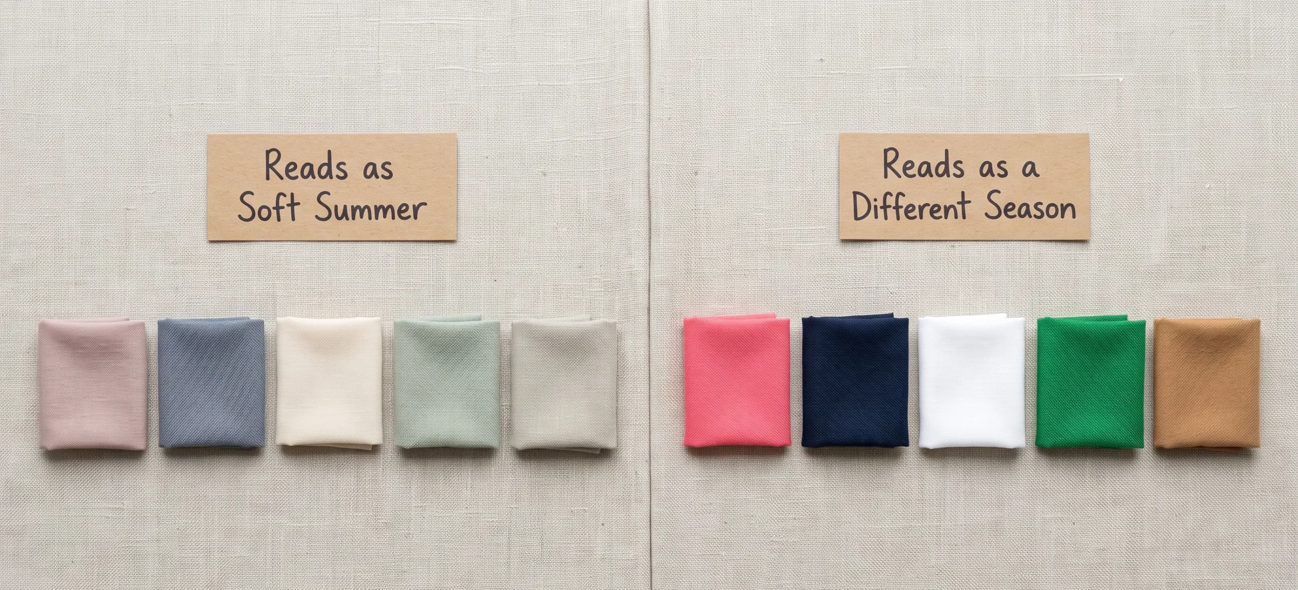 Side-by-side fabric swatch comparison showing soft summer clothing colors — dusty rose, slate blue-grey, and parchment — against incorrect brighter, warmer alternatives like coral, navy, and camel.