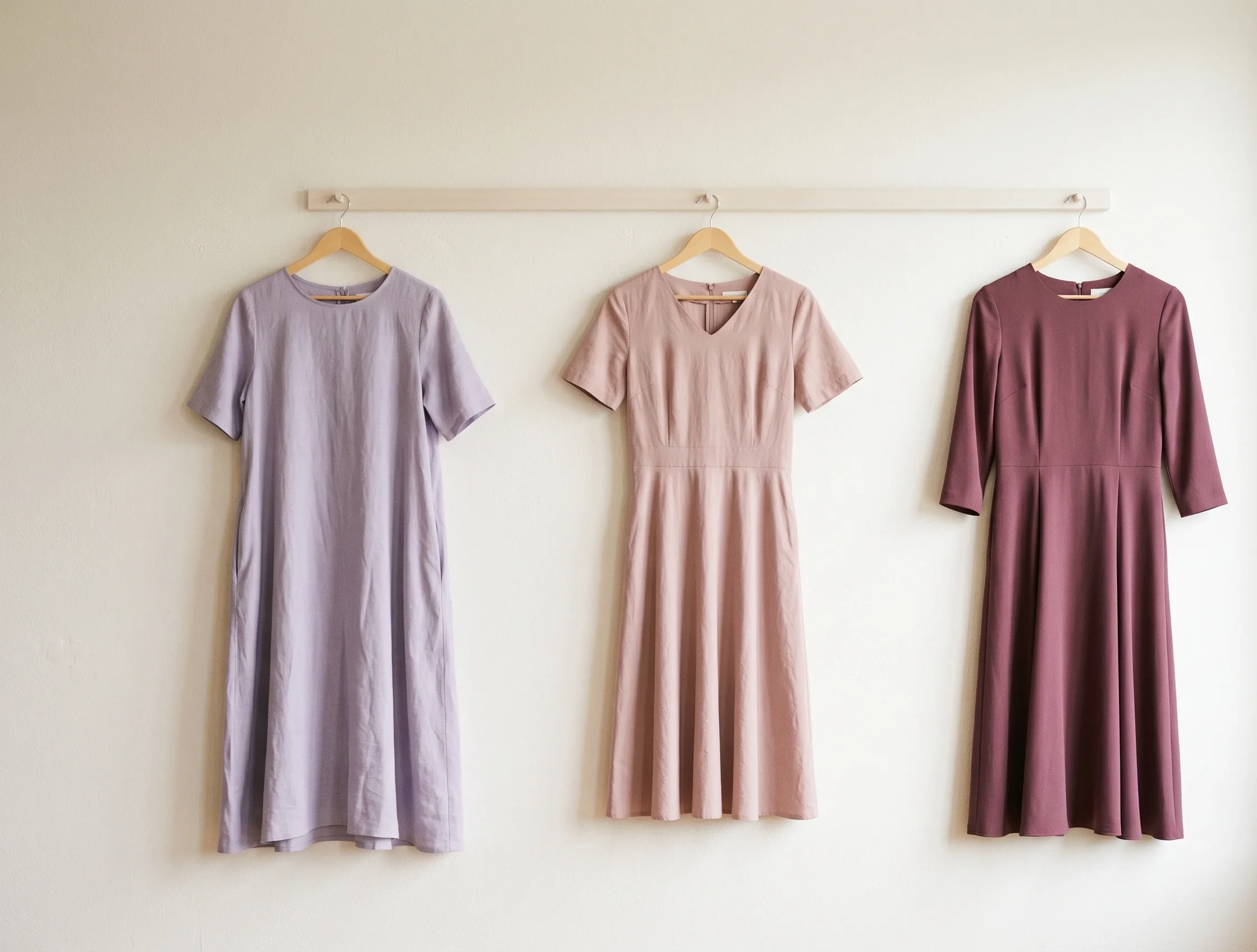 Three soft summer dresses hanging in soft lavender, dusty rose, and muted berry — a complete soft summer dress colour reference with no human models.