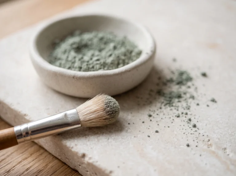 A small ceramic dish of muted sage-green eyeshadow pigment with a soft makeup brush resting on the rim, illustrating a soft summer green makeup shade