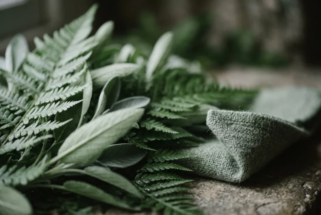 Macro photograph of fern fronds and sage leaves blending into a folded sage-green wool fabric swatch, illustrating the muted cool greens of the soft summer green palette