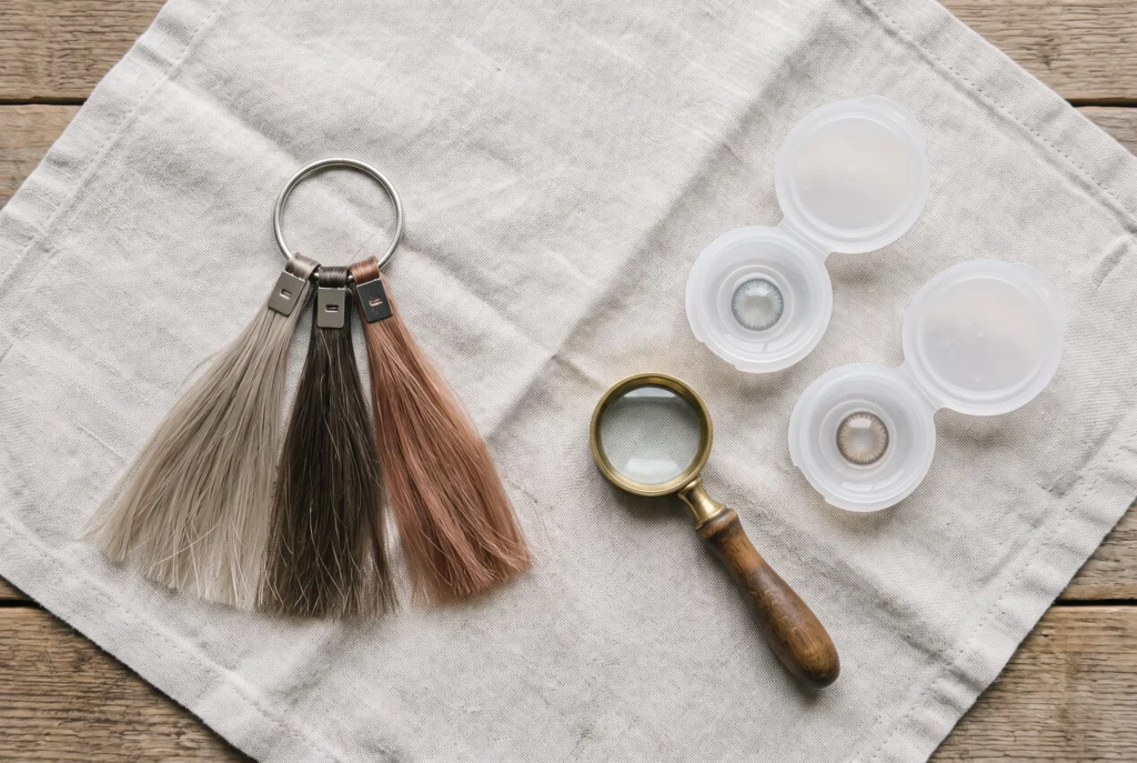 A hairdresser's colour swatch ring showing ash blonde, cool brown, and muted auburn hair tones, beside grey-blue and taupe-brown contact lenses in cases, illustrating soft summer's compatible hair and eye colours