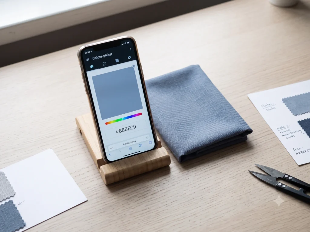 A smartphone displaying a hex code colour readout beside a matching physical slate blue fabric swatch, illustrating the difference between digital hex colour and real fabric colour when shopping for soft summer palette clothing